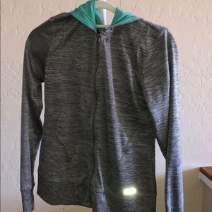 Gray FILA jacket with teal hood